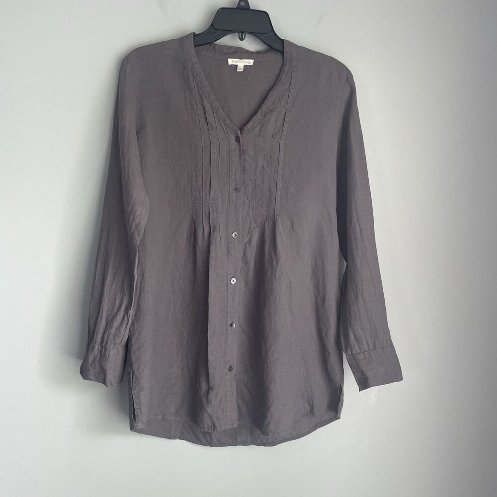 Eileen Fisher 100% Irish Linen Pintuck Tunic Womens Size XS Gray Lagenlook Top